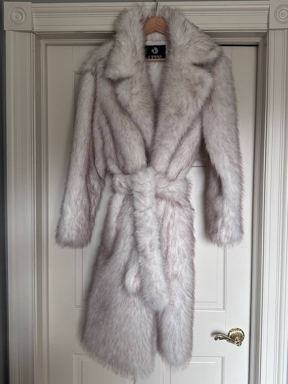 White Faux Fur Belted Coat Long Plush Robe Style Winter Jacket - Picture 2 of 4